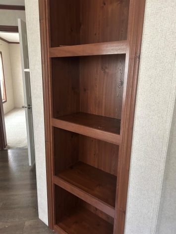 built in shelving in master bath